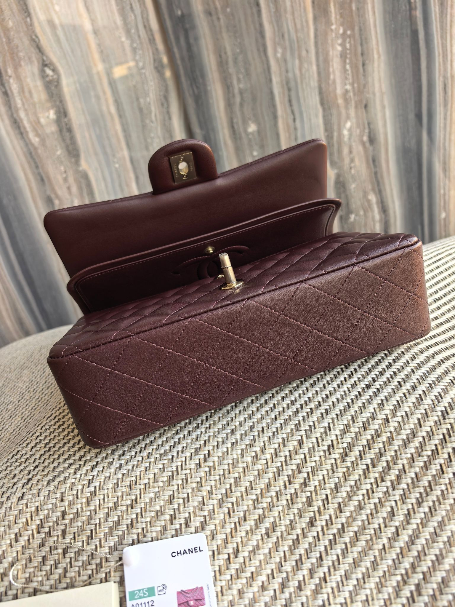 Ch*el classic flap bag chocolate brown with light gold hardware 15.5x25.5x6.5cm