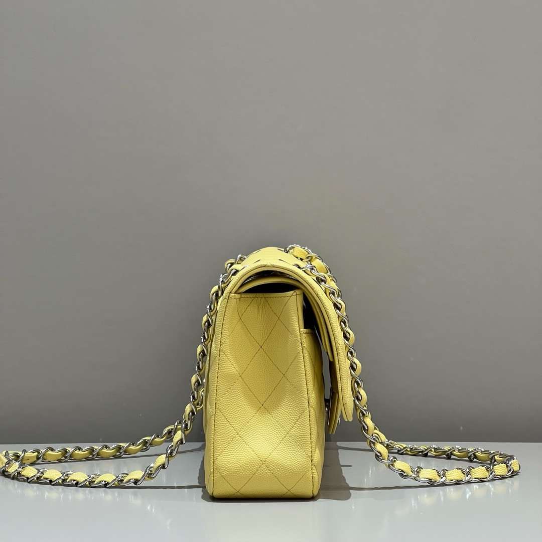 Ch*el CLASSIC HANDBAG GRAINED CALFSKIN & SILVER - TONE METAL Yellow 6×9.9×2.5in