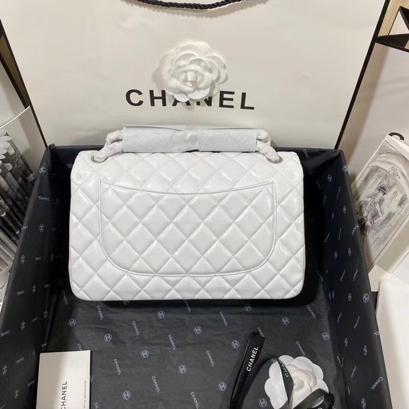 Ch*el Classic Flap Jumbo 30cm CF White Silver 7.6 × 11.7 × 3.9 in