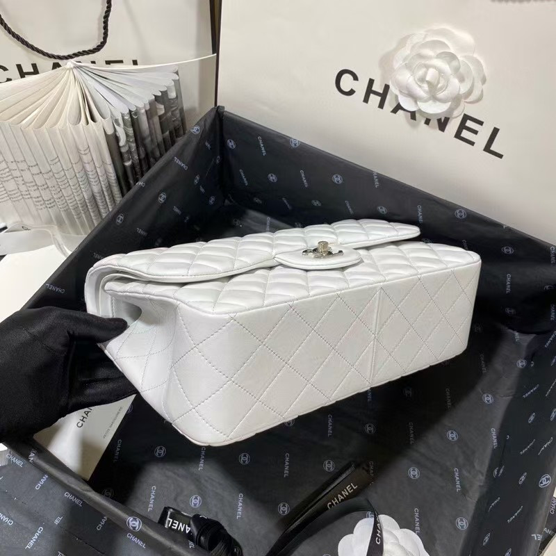 Ch*el Classic Flap Jumbo 30cm CF White Silver 7.6 × 11.7 × 3.9 in