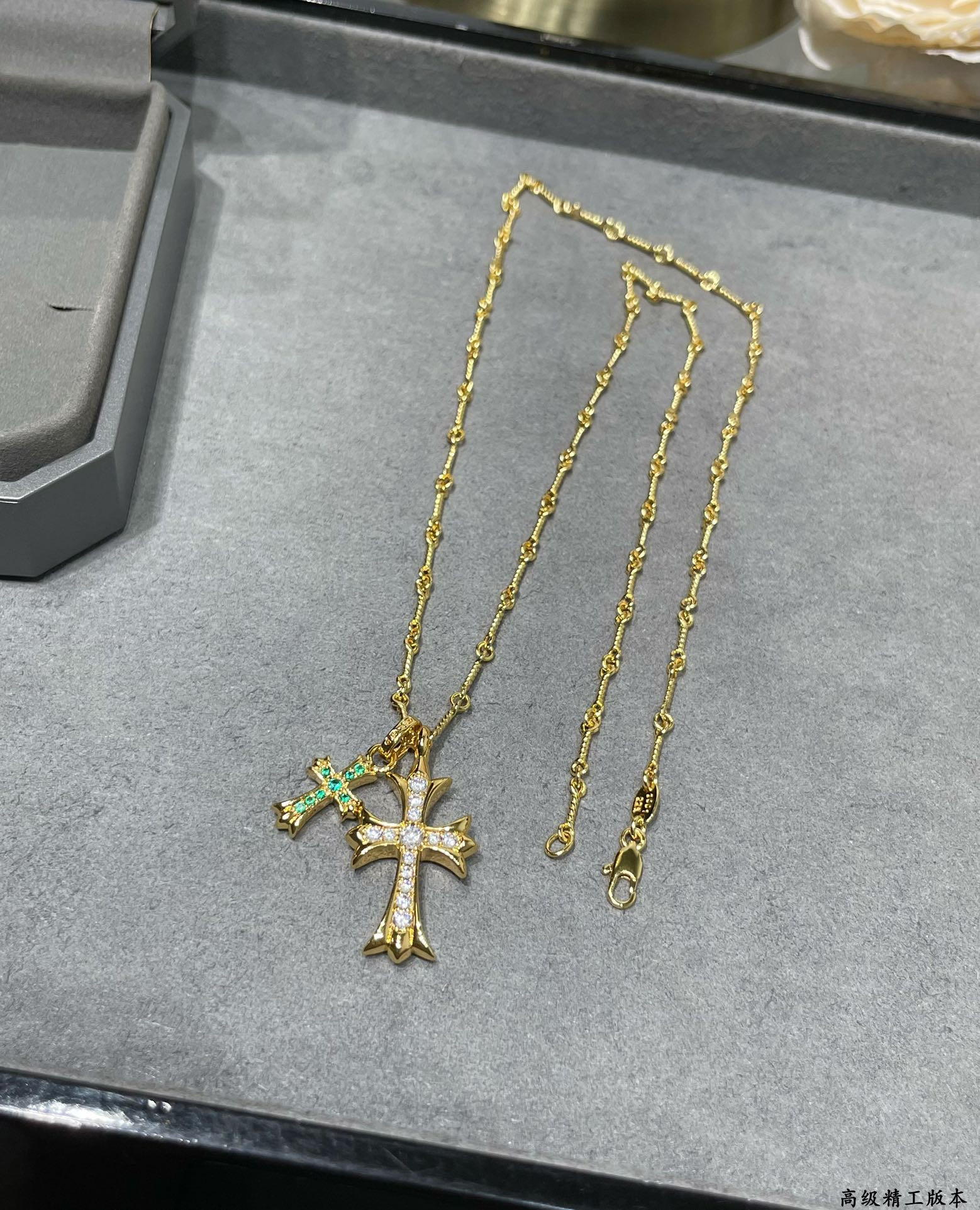 Chrome Heart Double Cross Green Diamond Necklace