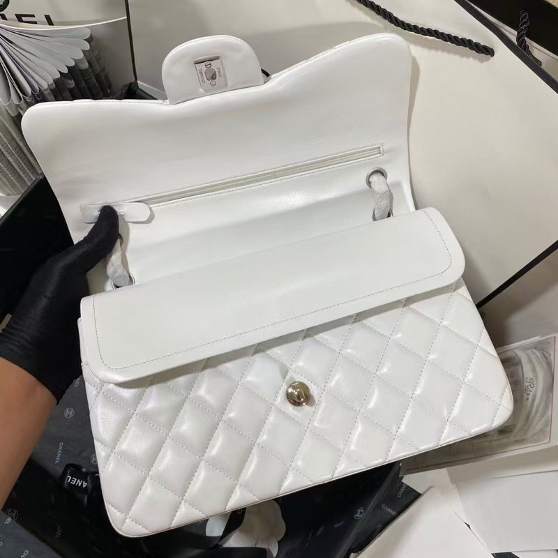 Ch*el Classic Flap Jumbo 30cm CF White Silver 7.6 × 11.7 × 3.9 in