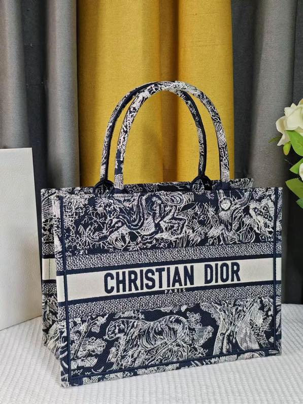 LARGE D*0r BOOK TOTE Blue and Ecru Toile de Jouy Reverse Embroidery 16.5 x 14 x 7.5 inches