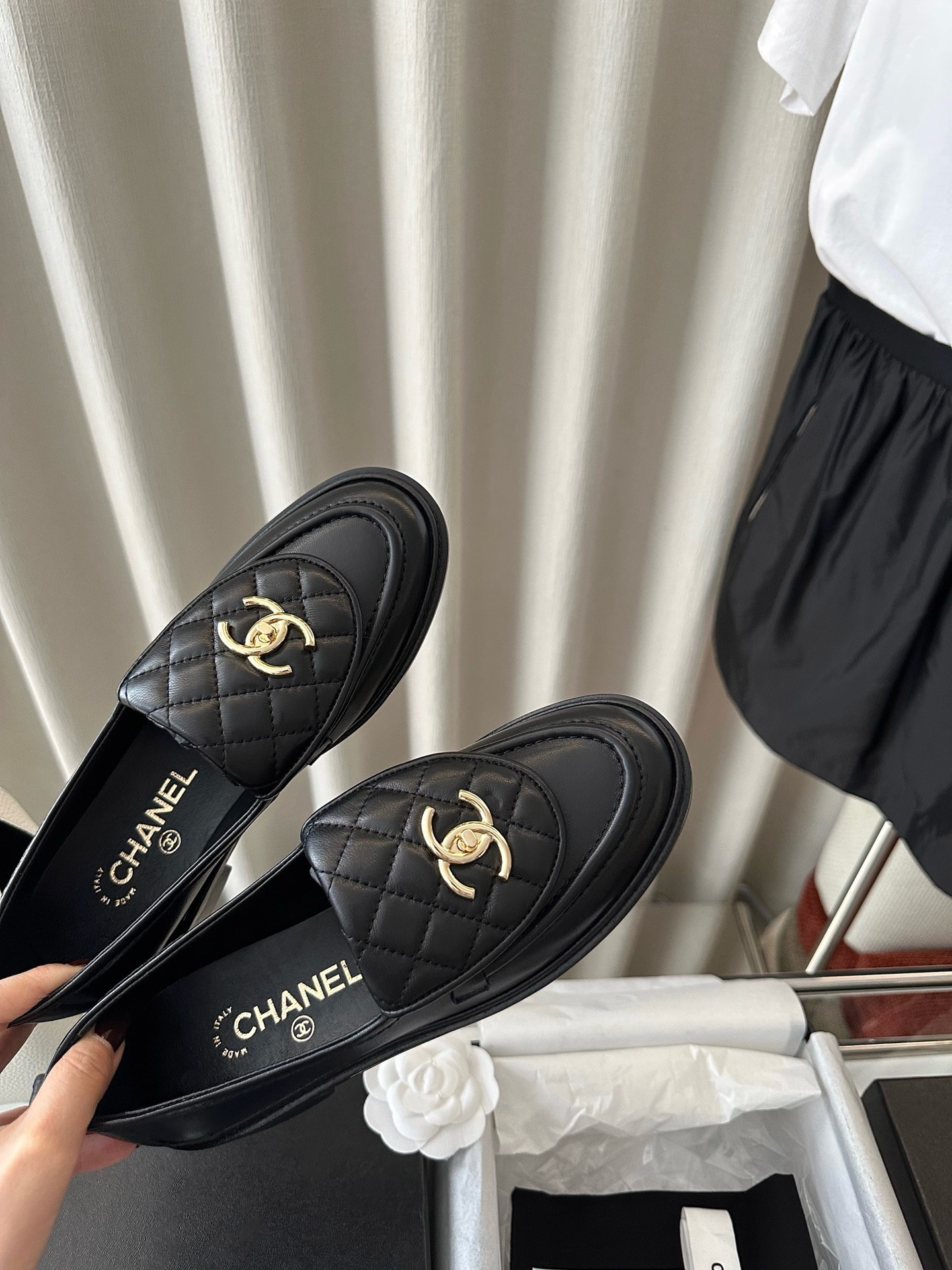 Ch*el Quilted Tab Loafers  Black Leather