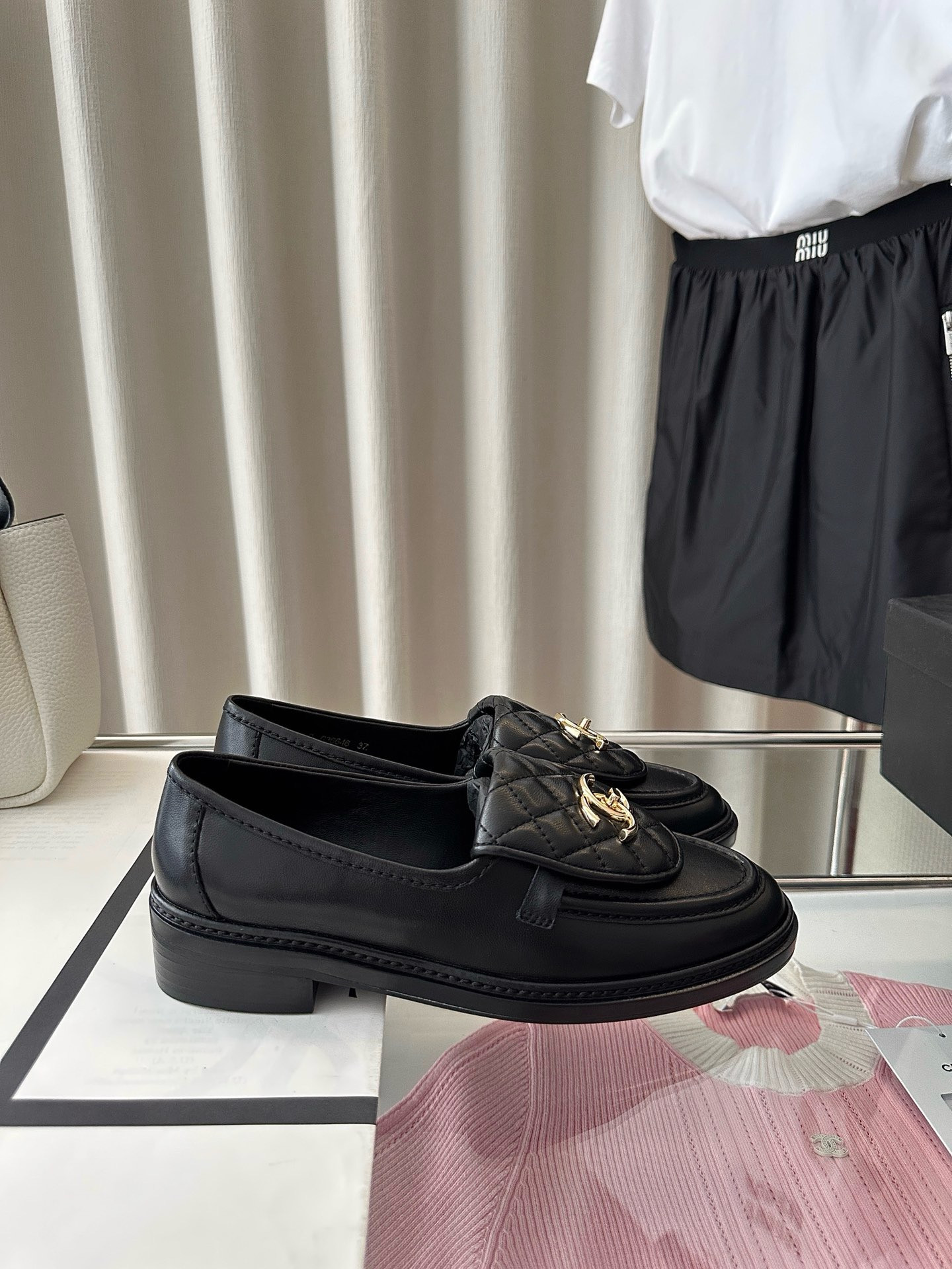 Ch*el Quilted Tab Loafers  Black Leather