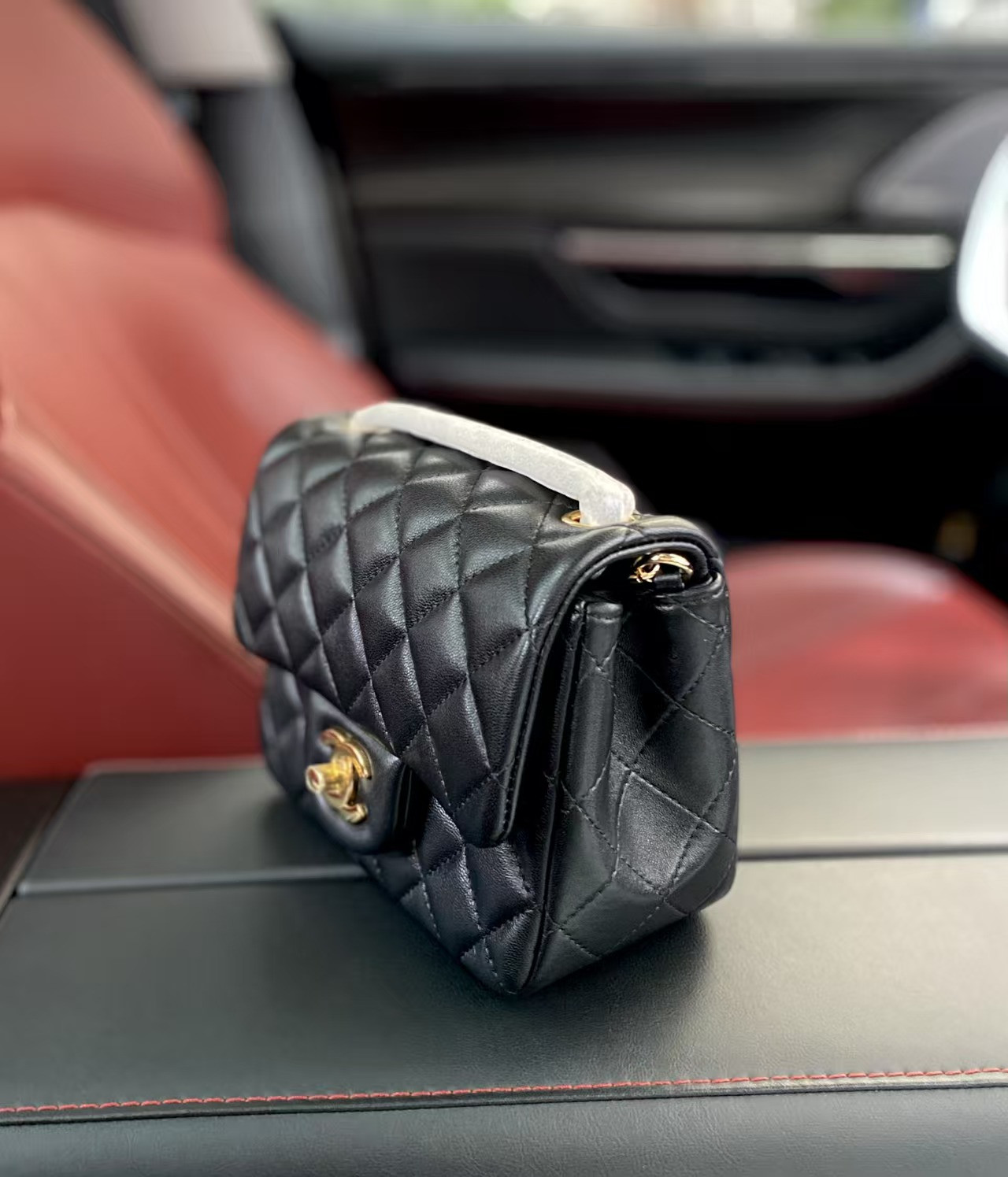 Ch*el mini classic handbag lambskin & gold-tone metal black 13.5x 17x8cm