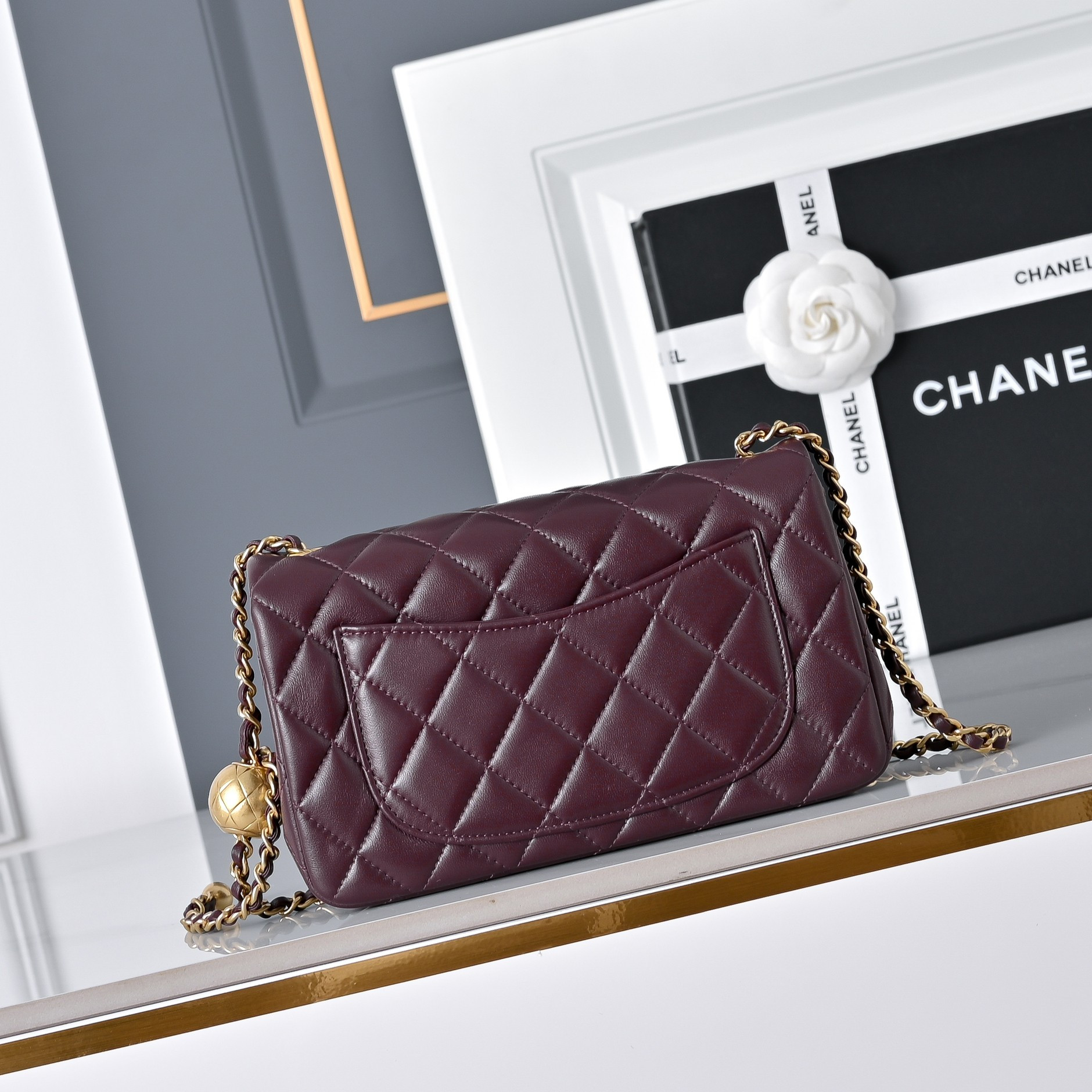 Ch*el flap bag burgundy as1787 20x13x7cm