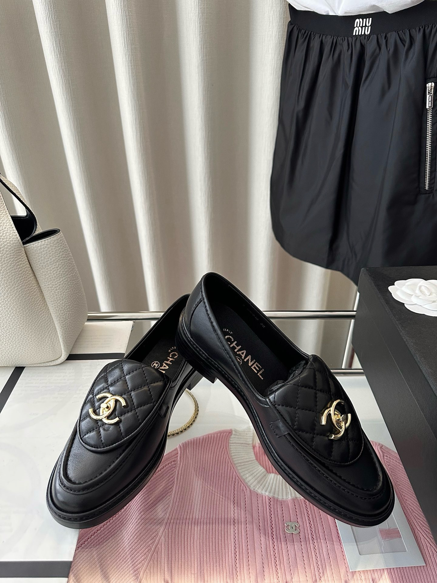 Ch*el Quilted Tab Loafers  Black Leather
