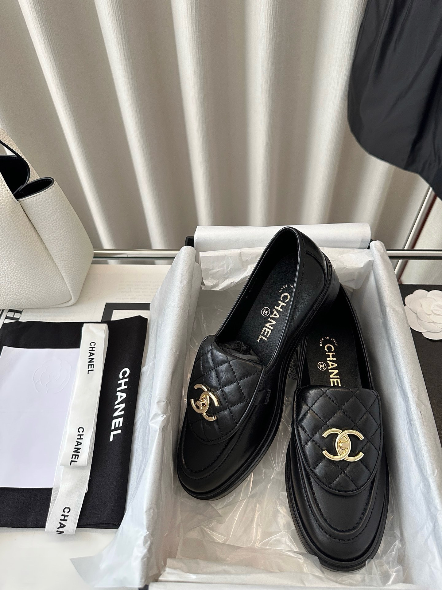 Ch*el Quilted Tab Loafers  Black Leather