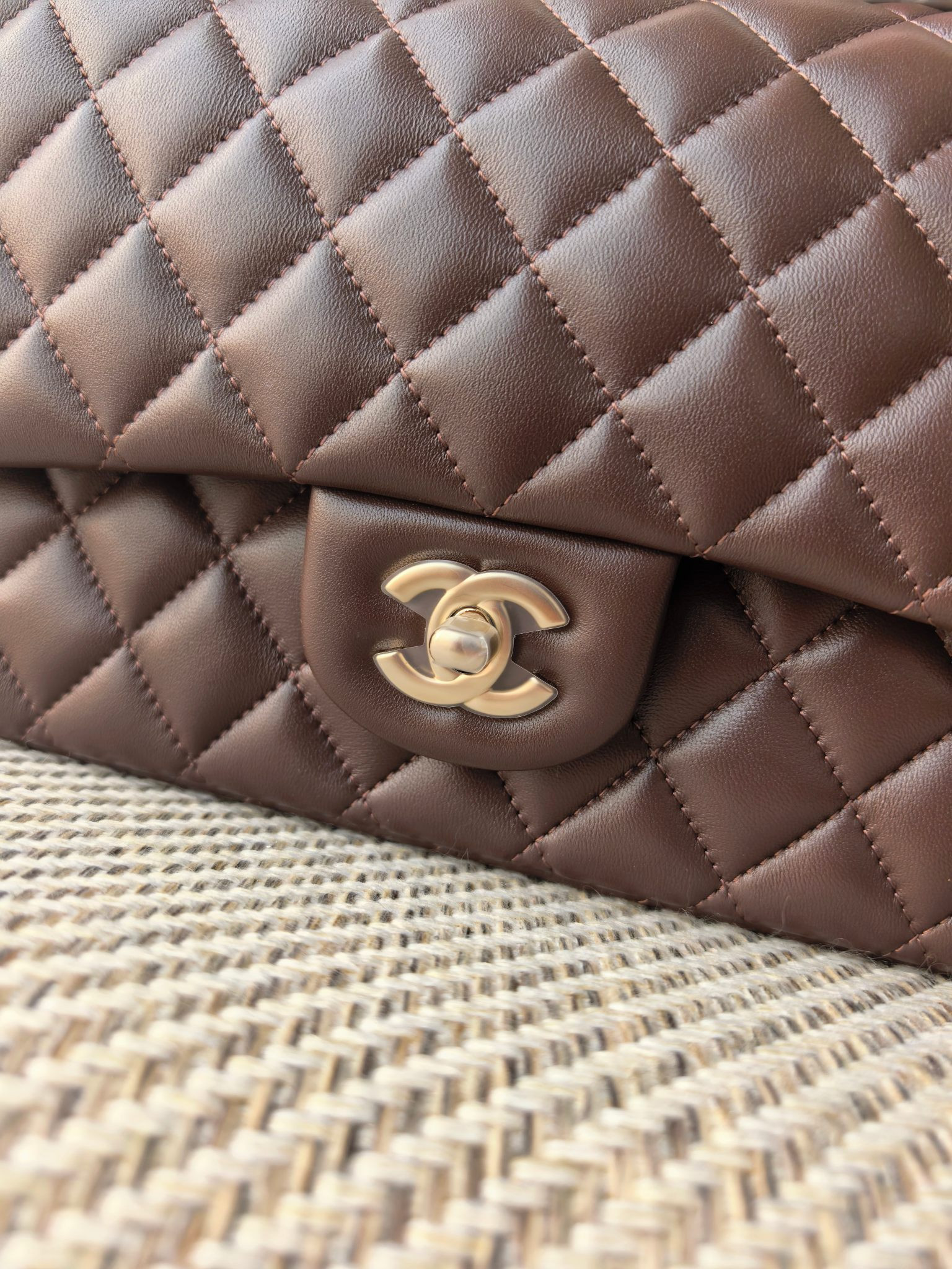 Ch*el classic flap bag coffee brown with light gold hardware 15.5x25.5x6.5cm