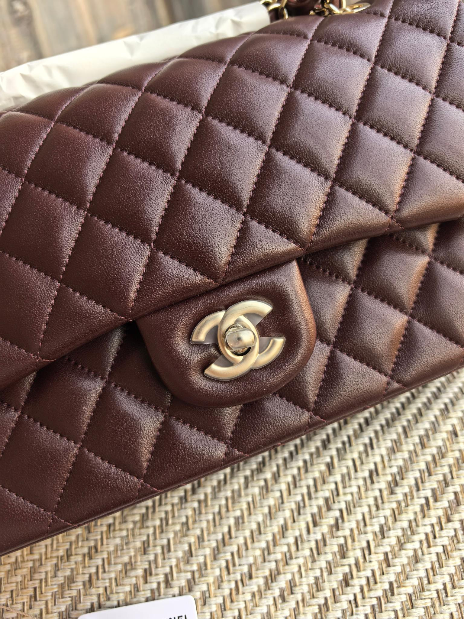 Ch*el classic flap bag chocolate brown with light gold hardware 15.5x25.5x6.5cm