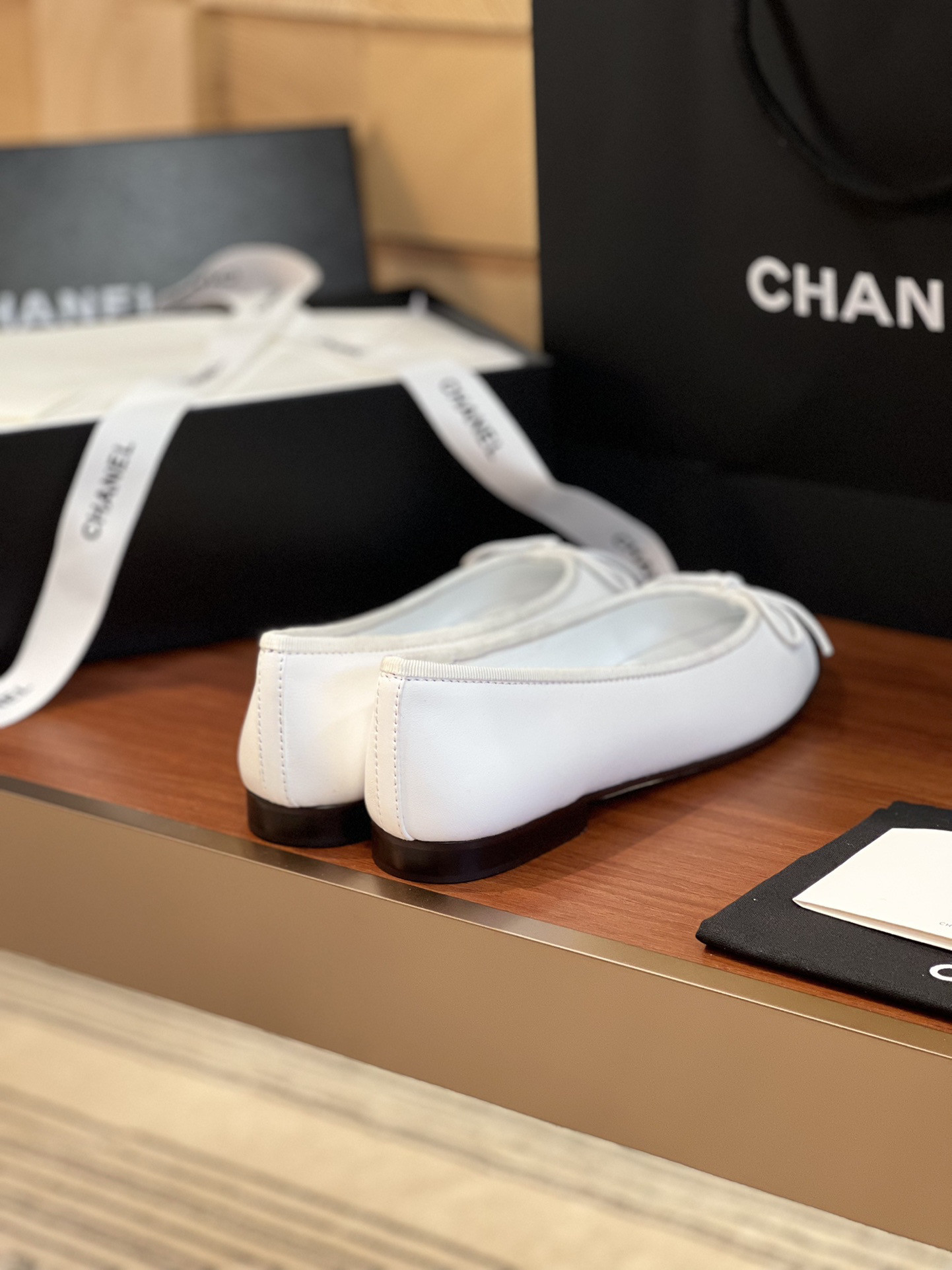 Ch*el BALLET FLATS Lambskin & Grosgrain White & Black