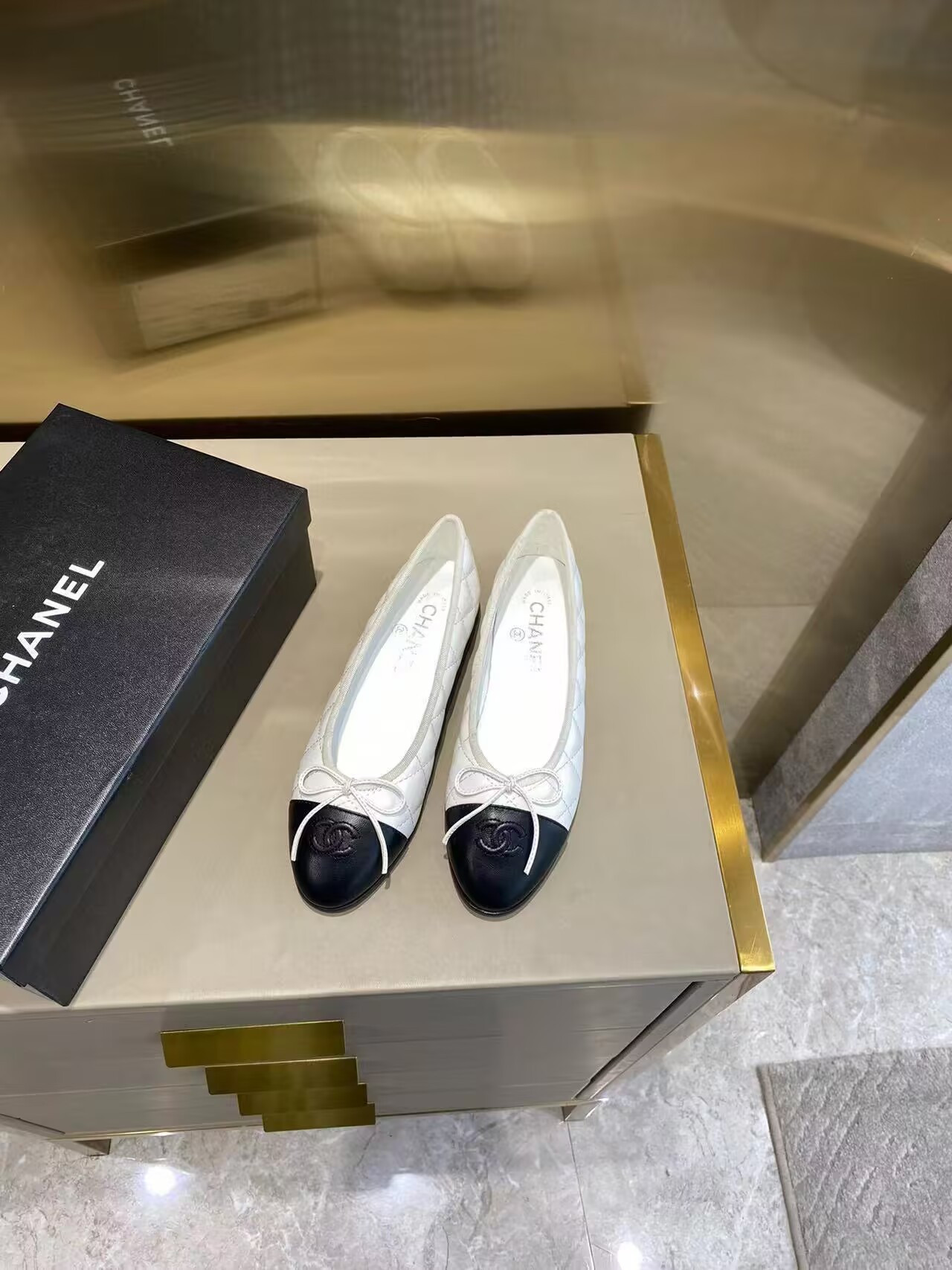 Ch*el BALLET FLATS  Aged Calfskin White & Black