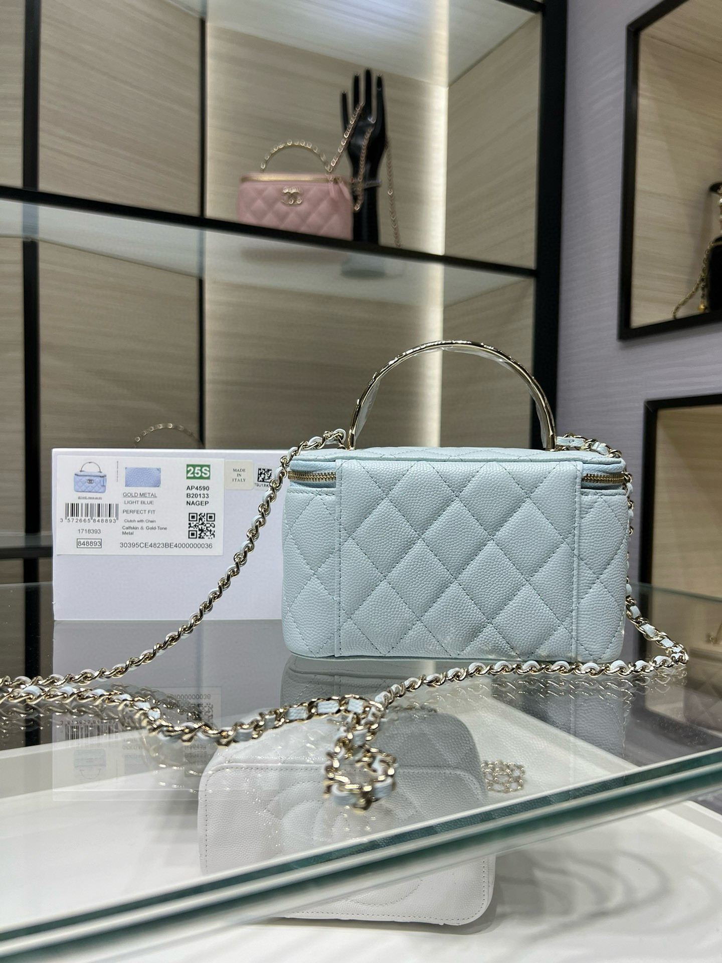 Ch*el clutch with chain light blue ap4590 17x9.5x8cm