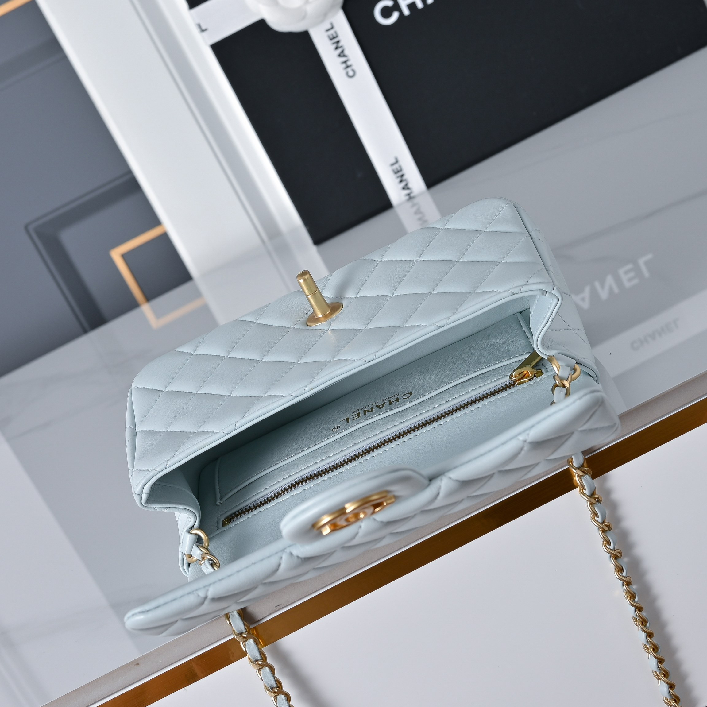 Ch*el flap bag light blue as1787 20x13x7cm