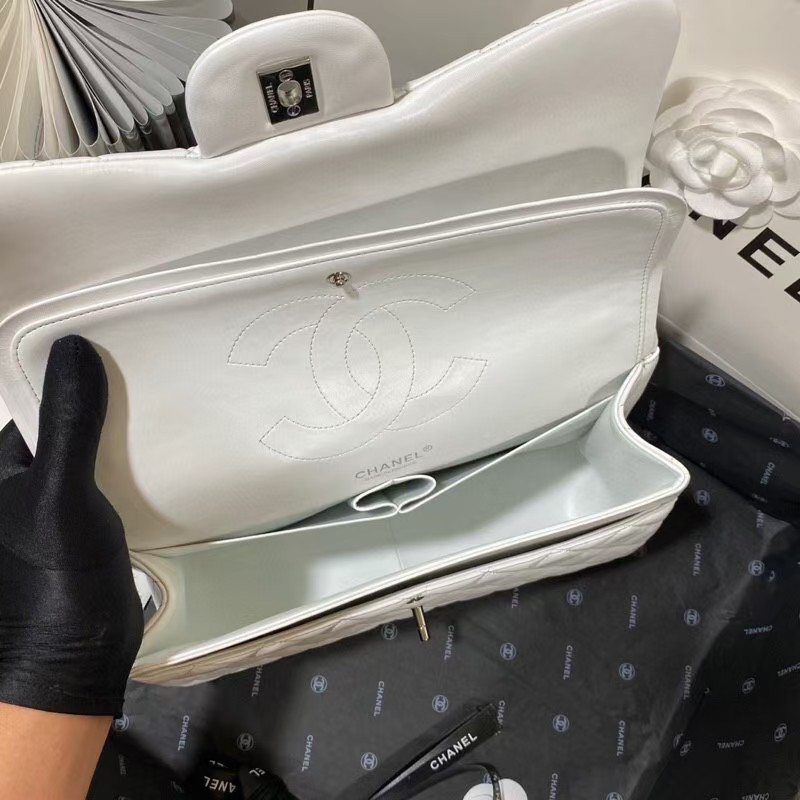 Ch*el Classic Flap Jumbo 30cm CF White Silver 7.6 × 11.7 × 3.9 in