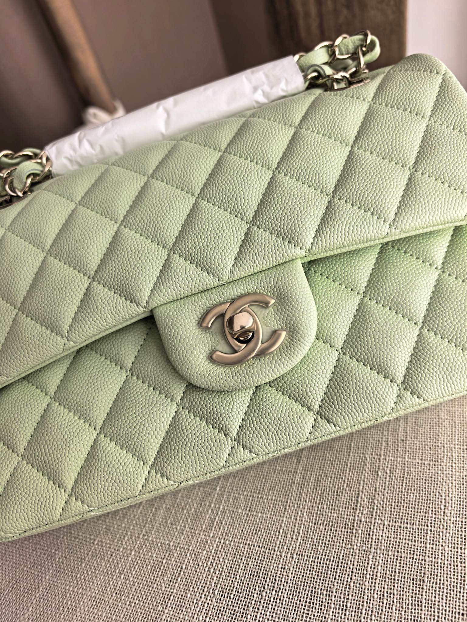 Ch*el classic flap handbag mint green bag with light gold hardware a01113 23x14.5x6cm