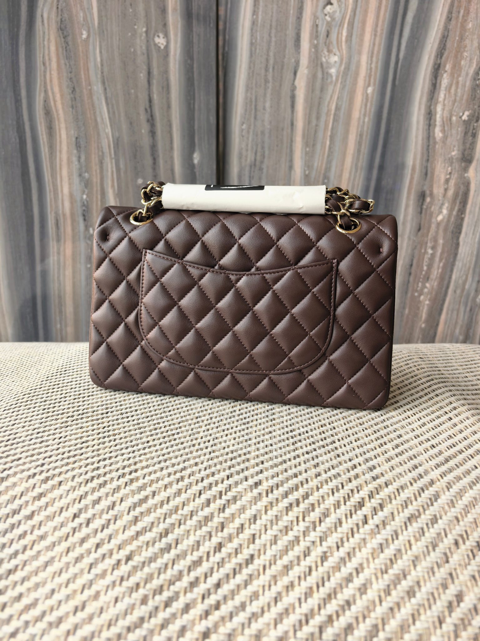 Ch*el classic flap bag coffee brown with light gold hardware 15.5x25.5x6.5cm