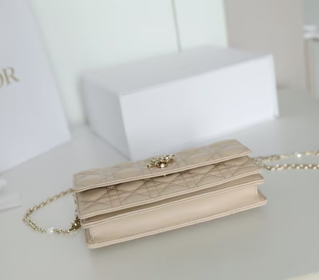 miss D*or mini handbag beige cannage woven pattern lambskin 21 x 11.5 x 4.5 cm