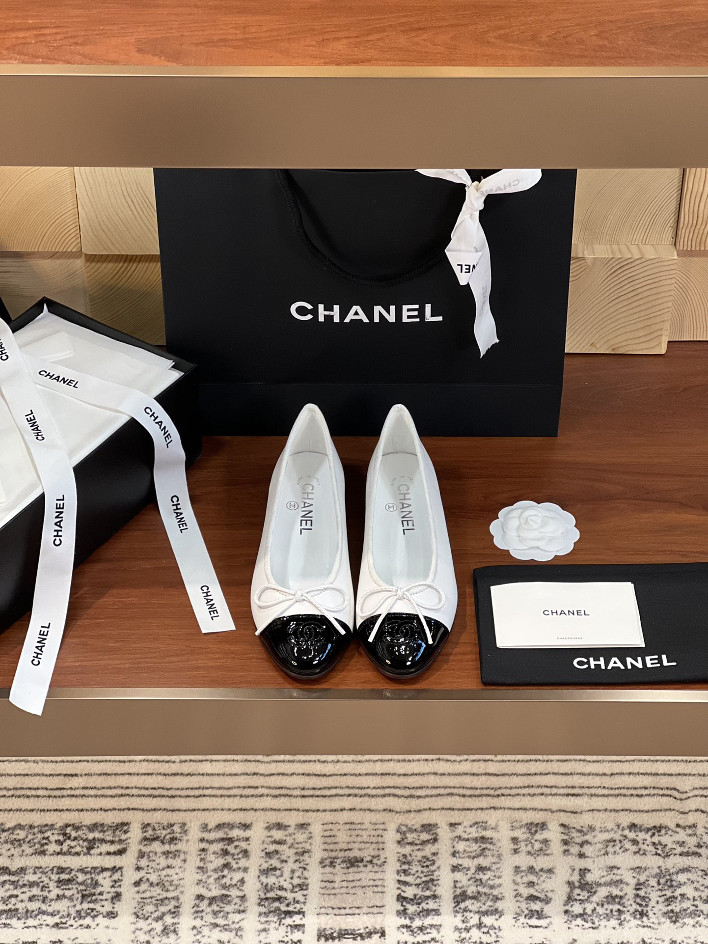 Ch*el BALLET FLATS Lambskin & Grosgrain White & Black