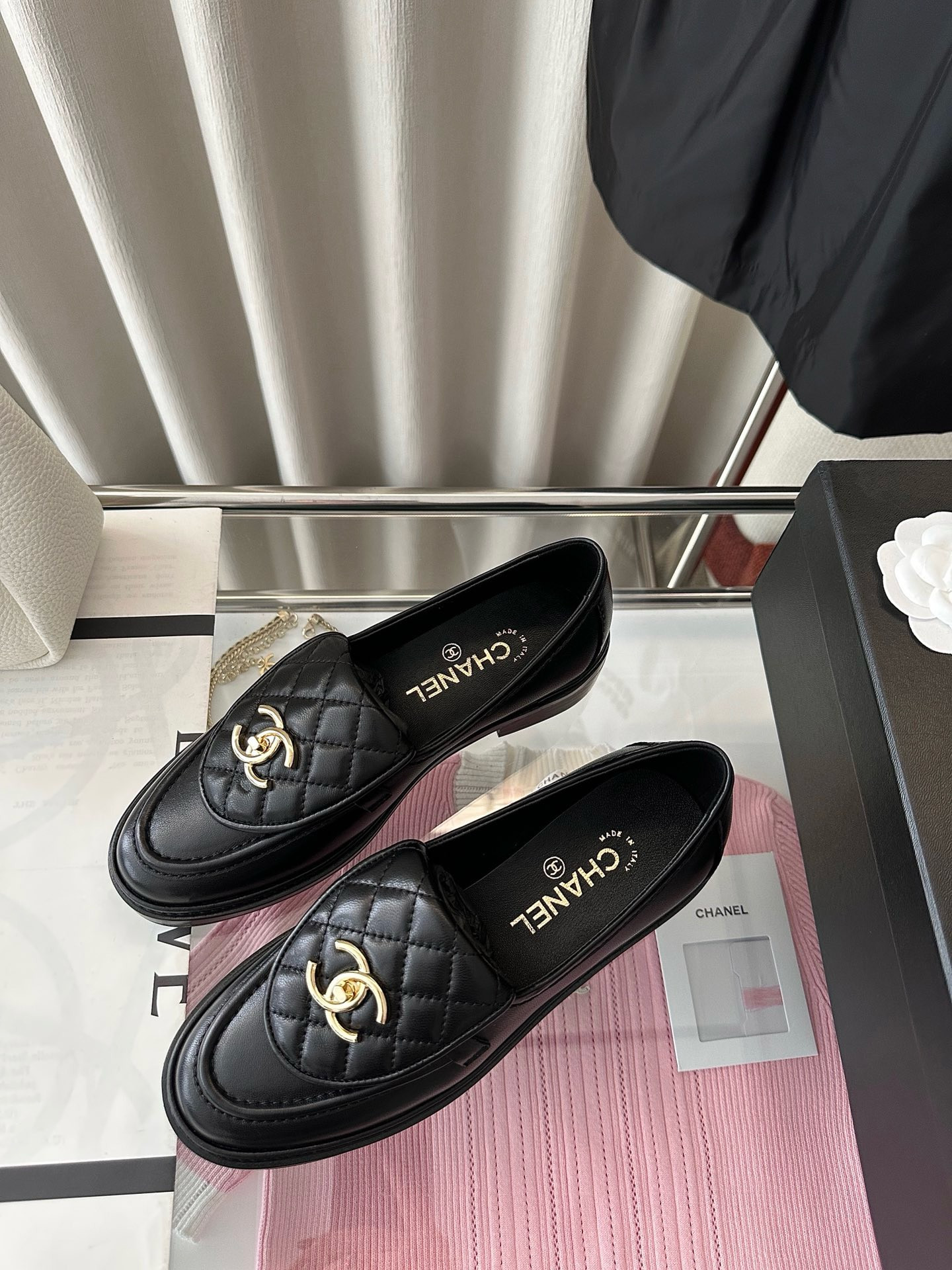 Ch*el Quilted Tab Loafers  Black Leather