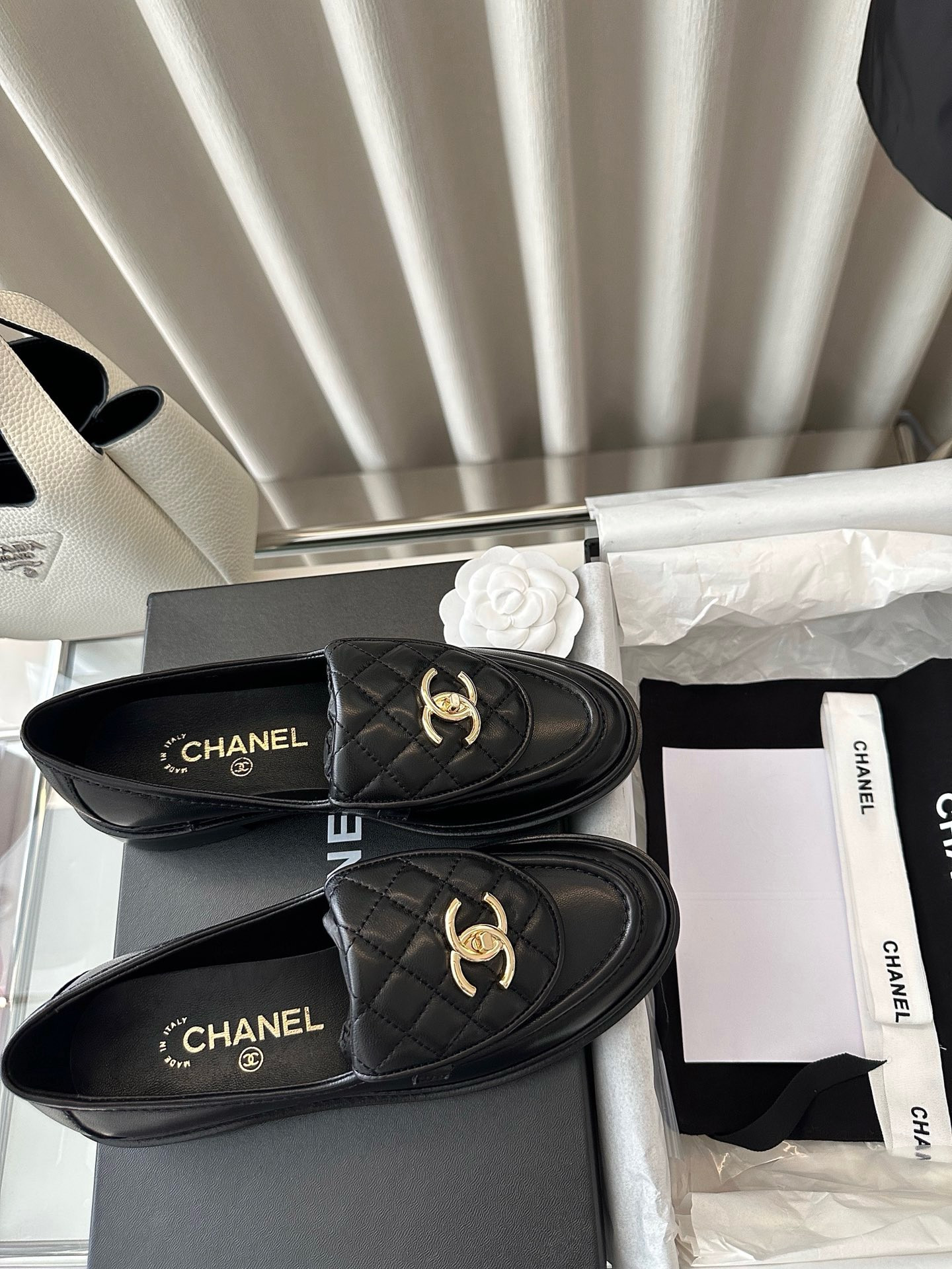Ch*el Quilted Tab Loafers  Black Leather