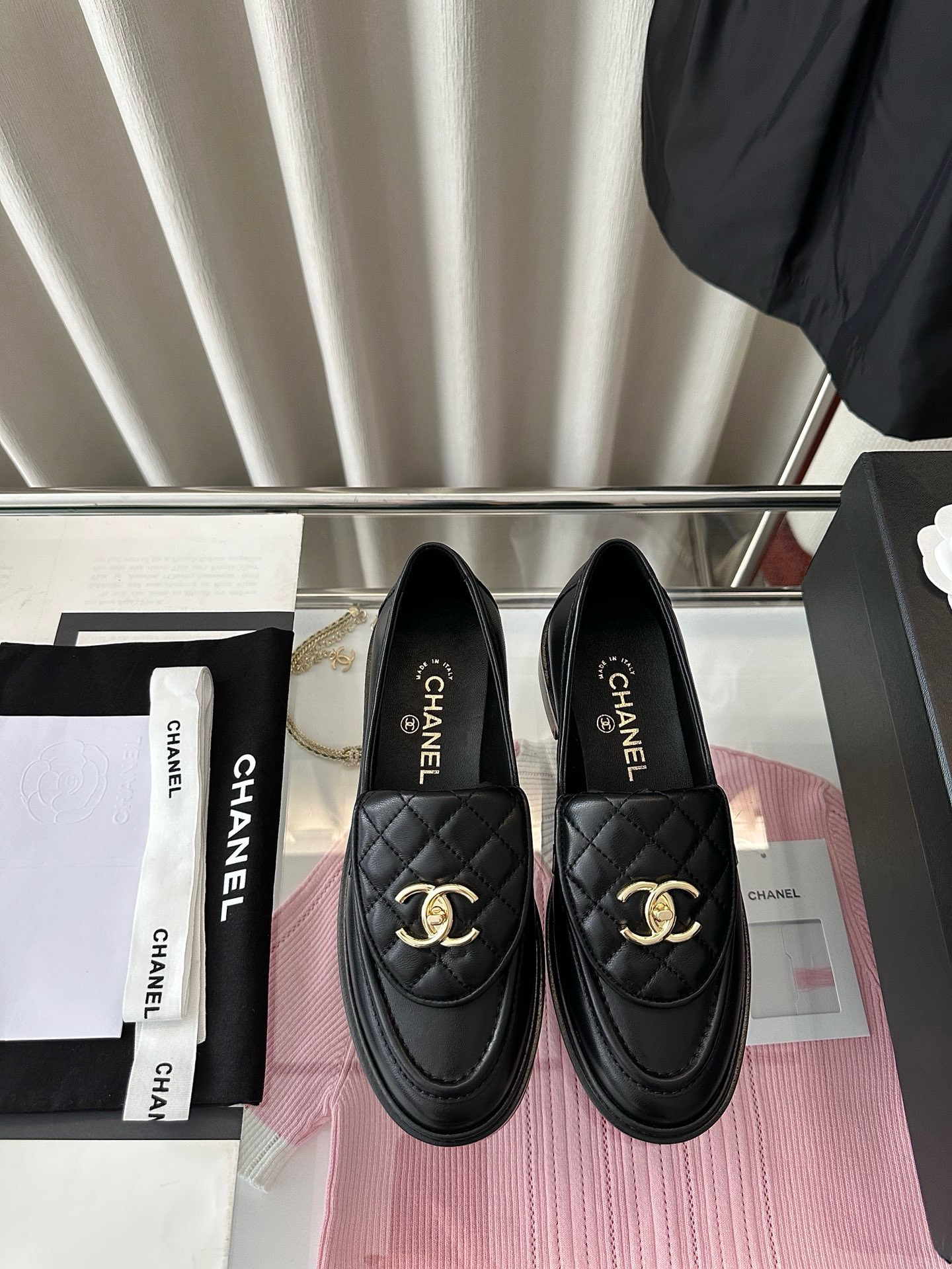 Ch*el Quilted Tab Loafers  Black Leather