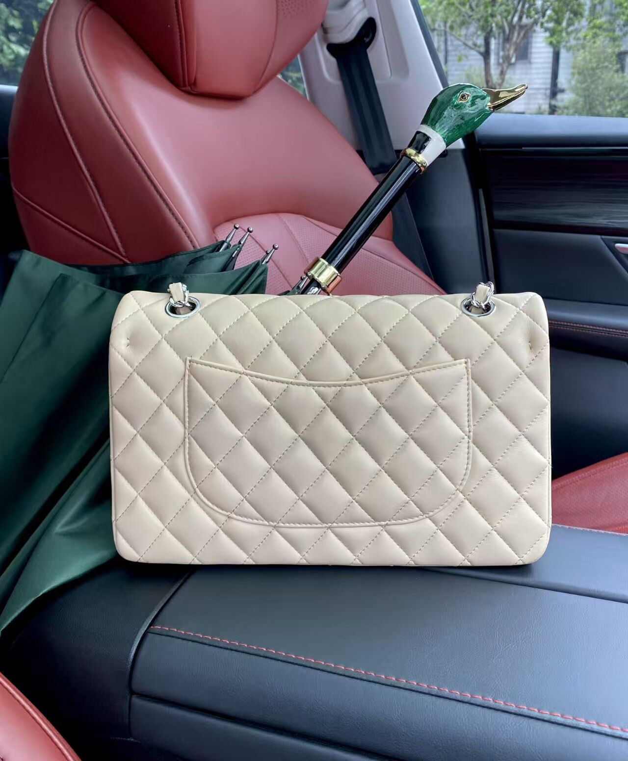 Ch*el classic flap jumbo 25cm cf khaki silver 15.5x25.5x6.5cm