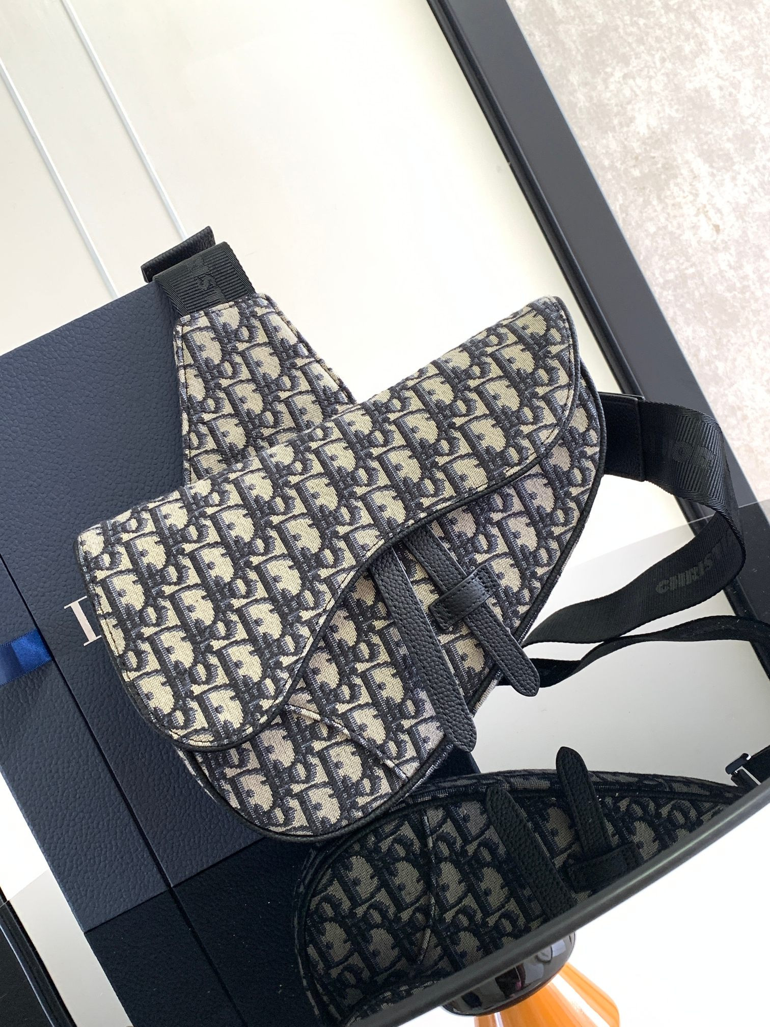 D*0r Saddle Bag Beige and Black D*0r Oblique Jacquard 26 x 19 x 4.5 cm