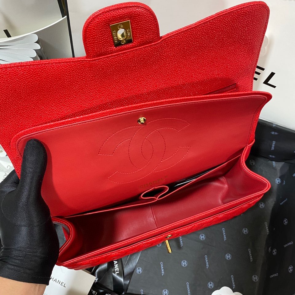 Ch*el Classic Flap Jumbo 30cm CF Red Gold 7.6 × 11.7 × 3.9 in