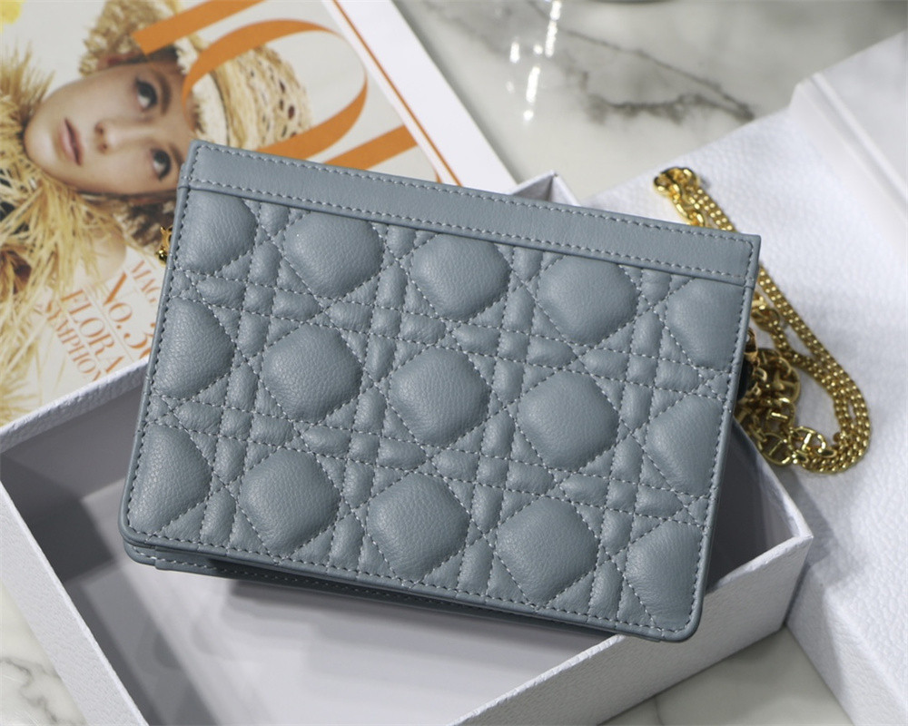D*0r CARO ZIPPED POUCH WITH CHAIN Blue S*pple Cannage Calfskin 19 x 14 x 4.5 cm