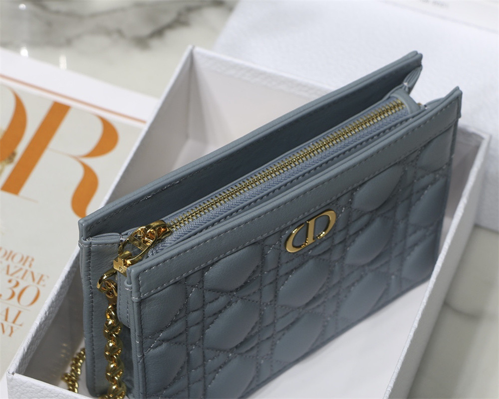 D*0r CARO ZIPPED POUCH WITH CHAIN Blue S*pple Cannage Calfskin 19 x 14 x 4.5 cm