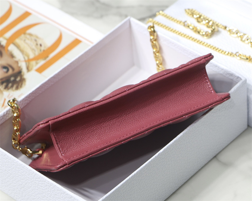 D*0r CARO ZIPPED POUCH WITH CHAIN Red S*pple Cannage Calfskin 19 x 14 x 4.5 cm