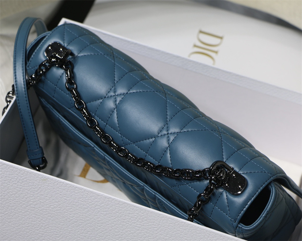LARGE D*0r CARO BAG Navy S*pple Cannage Calfskin With Silver Hardware 29 x 18 x 10 cm