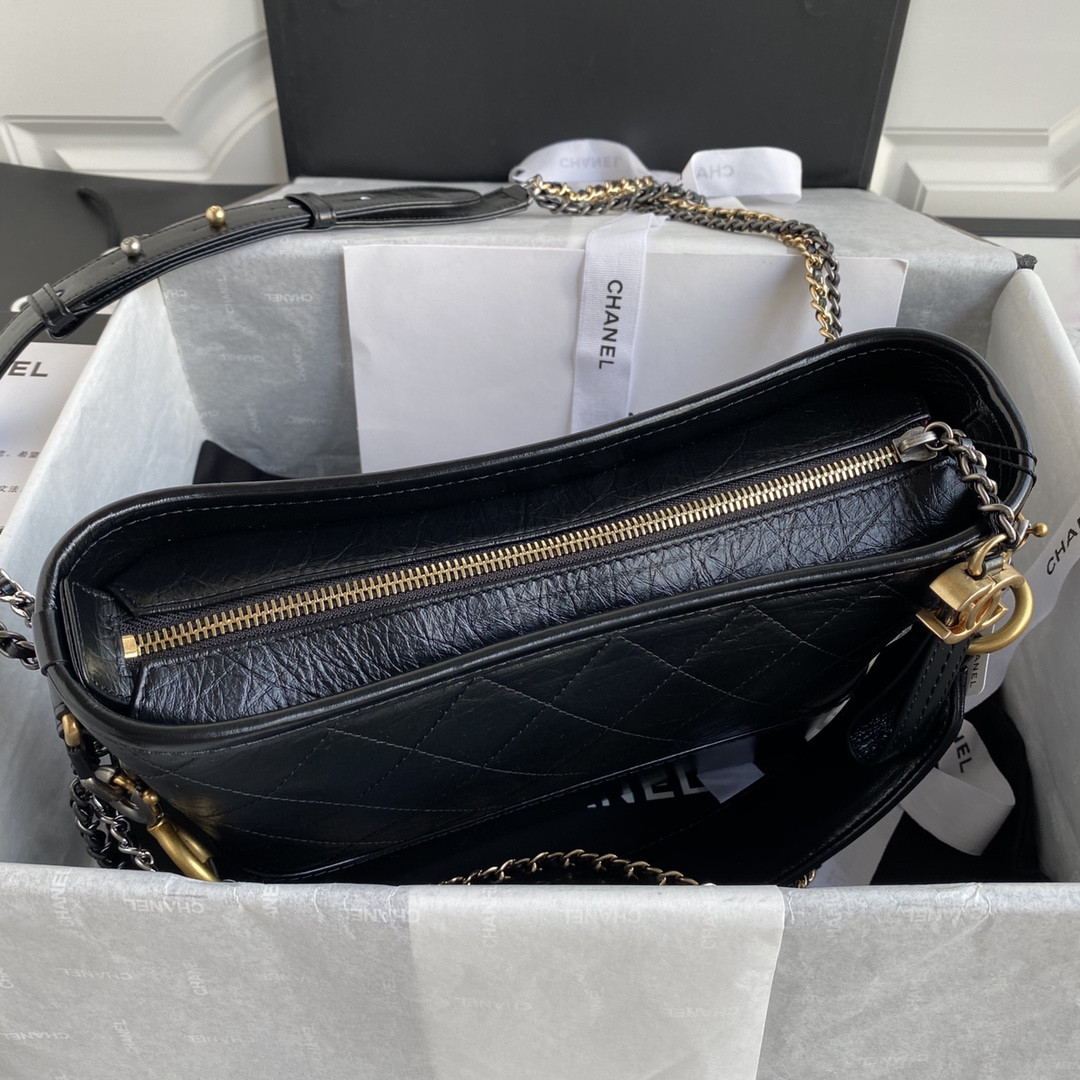 Ch*el Gabrielle MEDIUM BLACK with shoulder strap letters 21 x 28 x 10cm