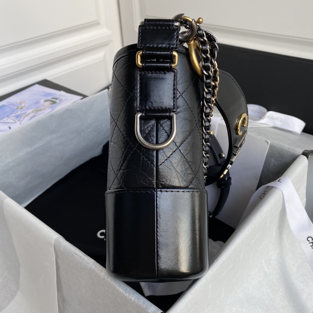 Ch*el Gabrielle MEDIUM BLACK with shoulder strap letters 21 x 28 x 10cm