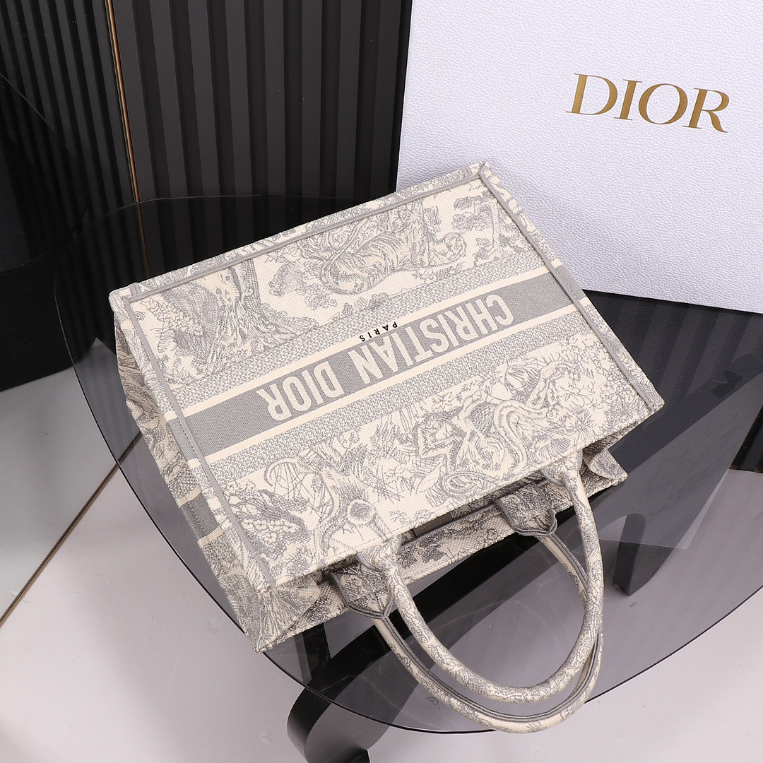 Medium D*0r Book Tote Ecru and Gray Toile de Jouy Embroidery 14 x 11 x 6.5 inches