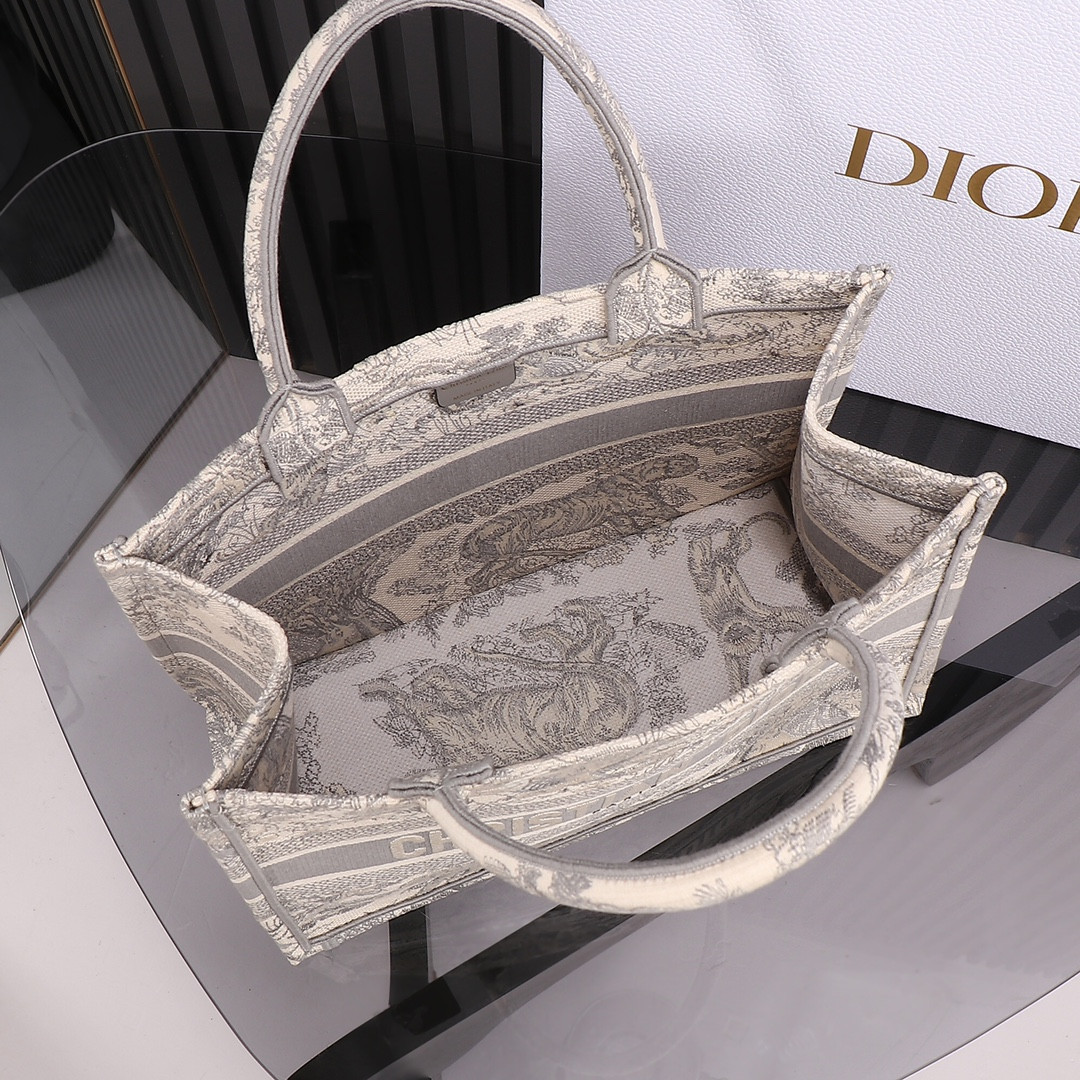 Medium D*0r Book Tote Ecru and Gray Toile de Jouy Embroidery 14 x 11 x 6.5 inches