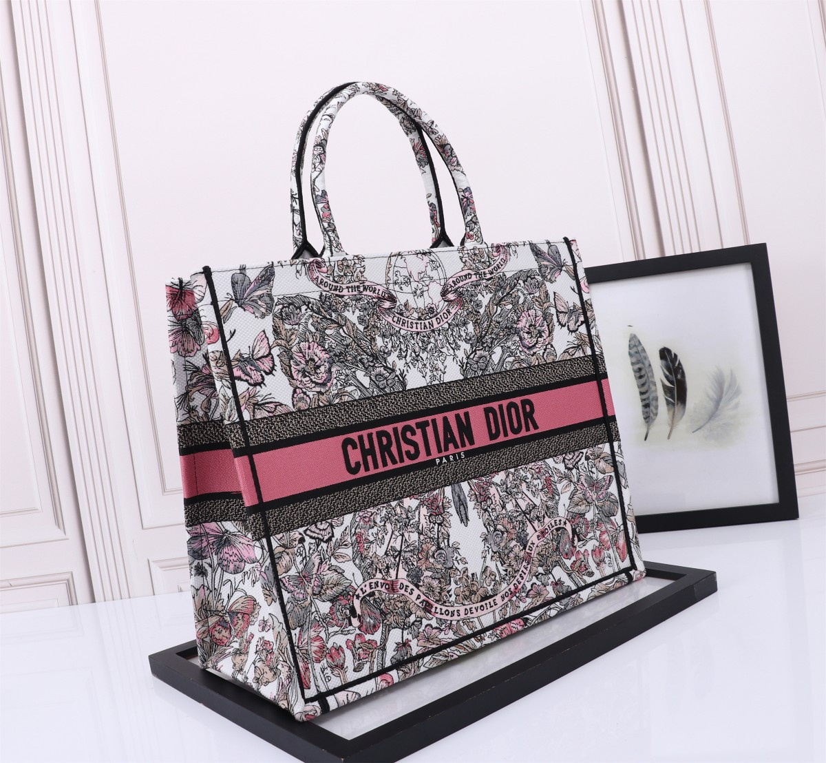 Large D*0r BOOK TOTE WHITE AND PASTEL PINK BUTTERFLY AROUND THE WORLD EMBROIDERY 16.5 x 14 x 7.5 inches