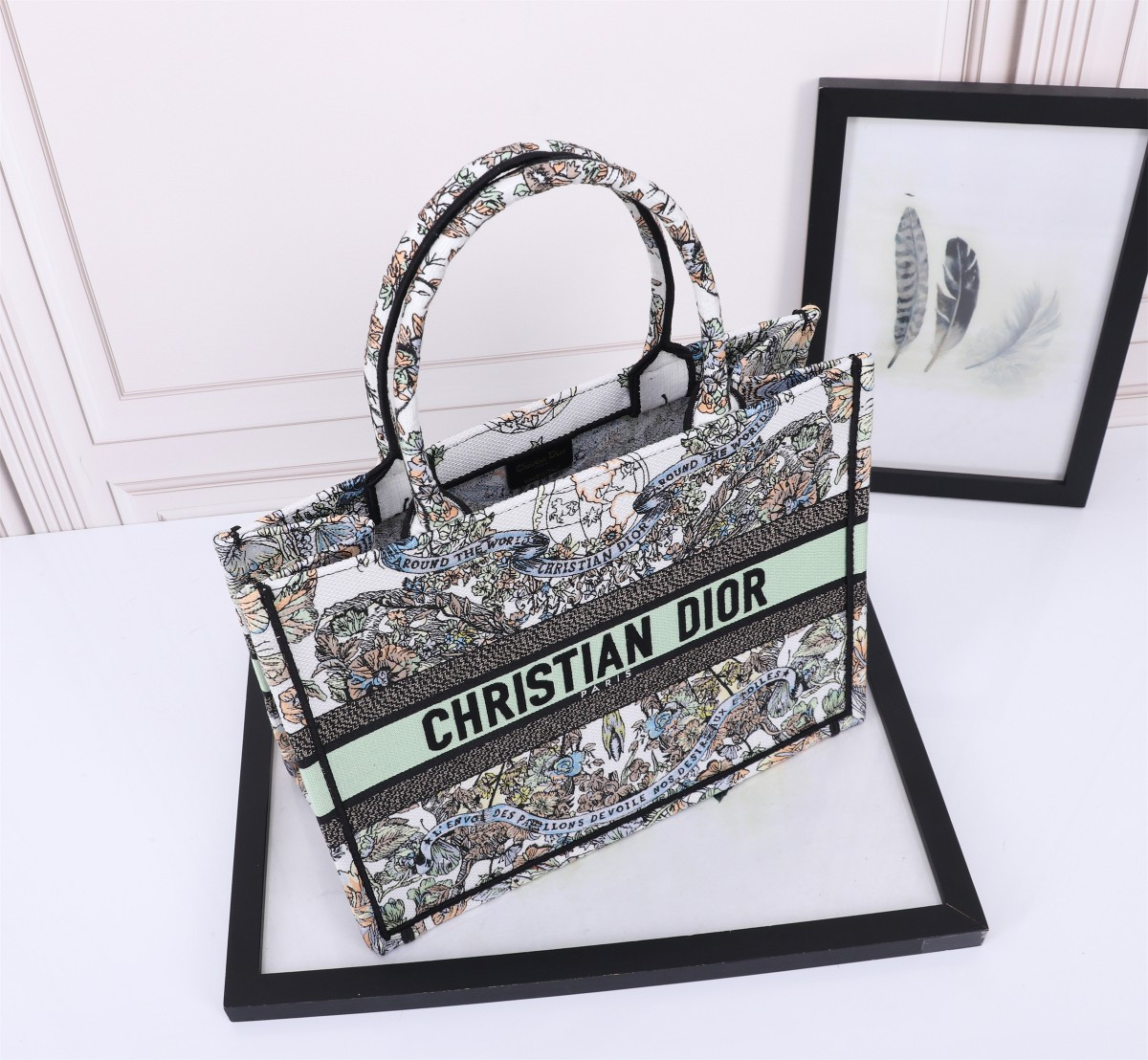 Medium D*0r Book Tote White Multicolor Toile de Jouy Mexico Embroidery 14 x 11 x 6.5 inches