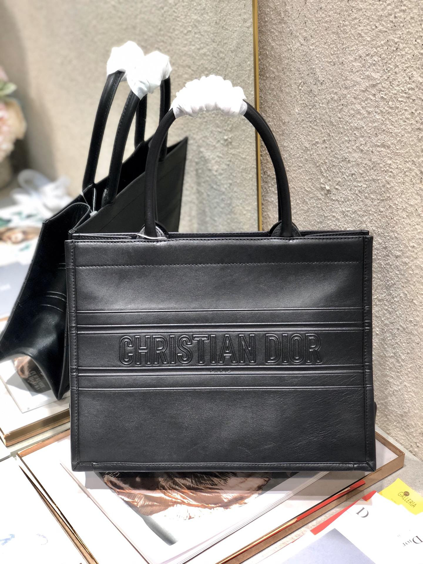 Calfskin Embossed Medium D*0r Book Tote Black 14 x 11 x 6.5 inches