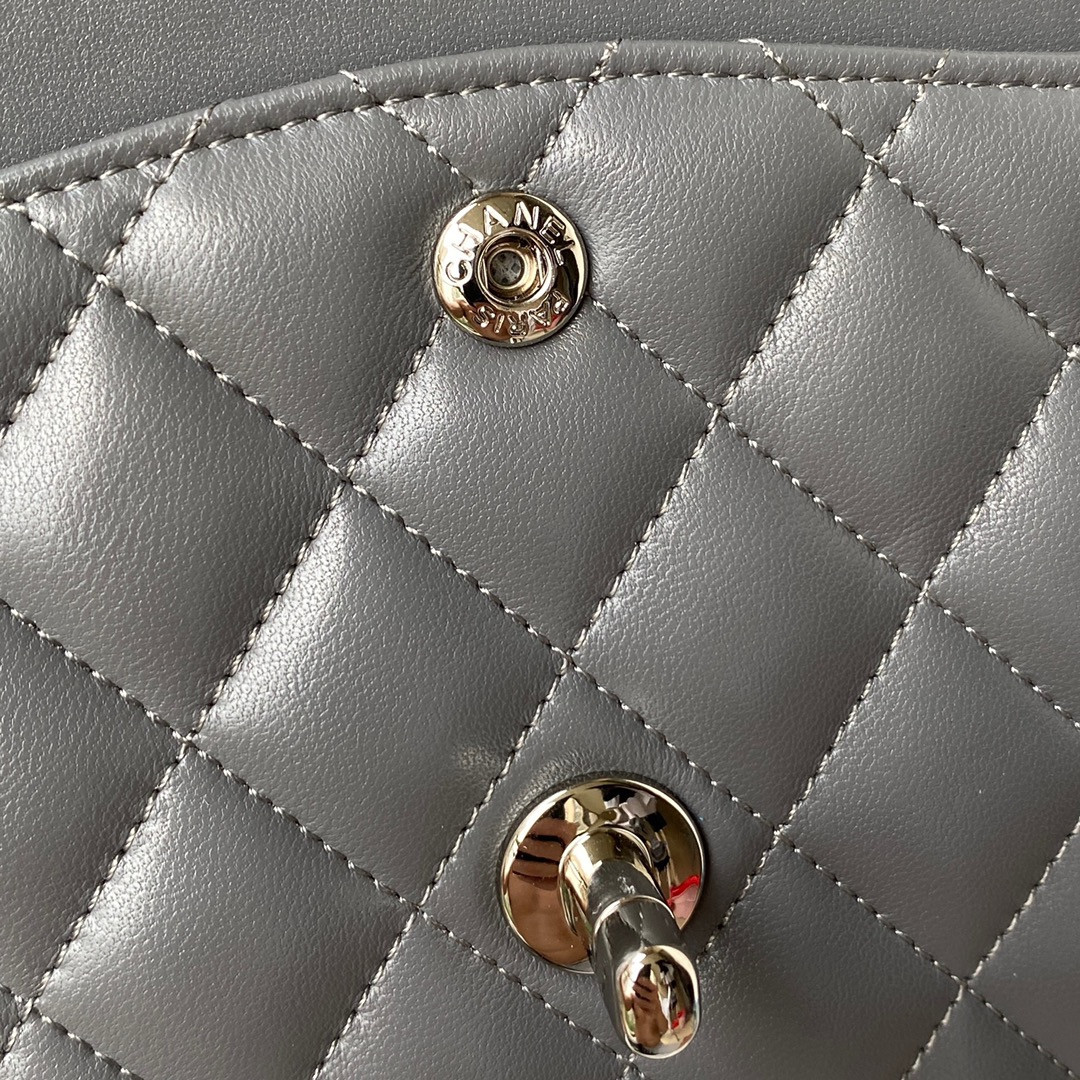 Ch*el CLASSIC HANDBAG GRAINED SHINY CALFSKIN & SILVER-TONE METAL GRAY 6 × 9.9 × 2.5 in