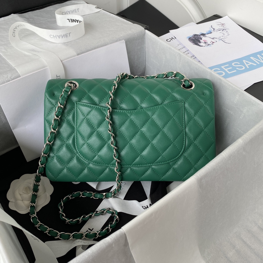 Ch*el CLASSIC HANDBAG GRAINED SHINY CALFSKIN & SILVER-TONE METAL GREEN 6 × 9.9 × 2.5 in
