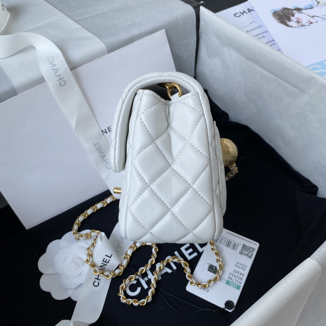 Ch*el MINI FLAP BAG SHINY CALFSKIN & Gold-Tone METAL WHITE 5.3 × 6.6 × 3.1 in