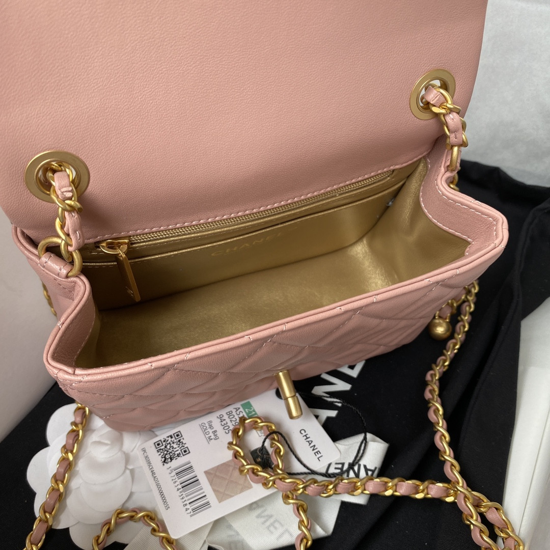 Ch*el MINI FLAP BAG SHINY CALFSKIN & Gold-Tone METAL PINK 5.3 × 6.6 × 3.1 in