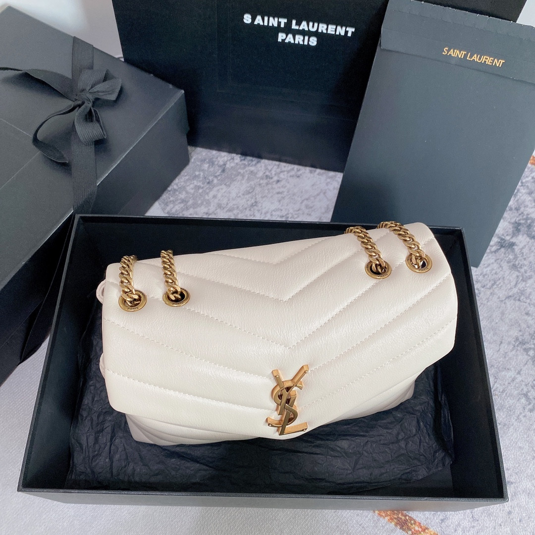 Y*L LOULOU SMALL IN QUILTED LEATHER WHITE GOLD 9 X 6.1 X 3.3 INCHES