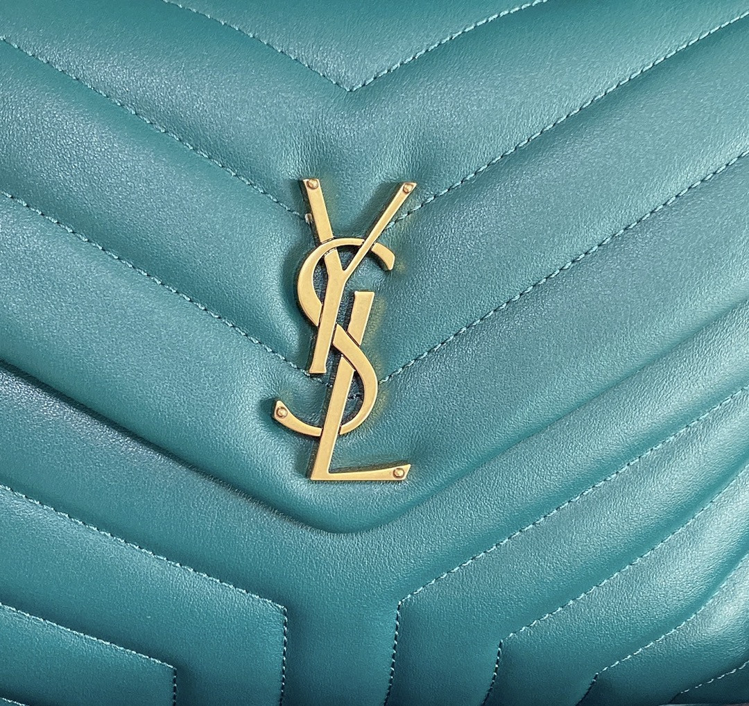 Y*L LOULOU SMALL IN QUILTED LEATHER BLUE GOLD 9 X 6.1 X 3.3 INCHES