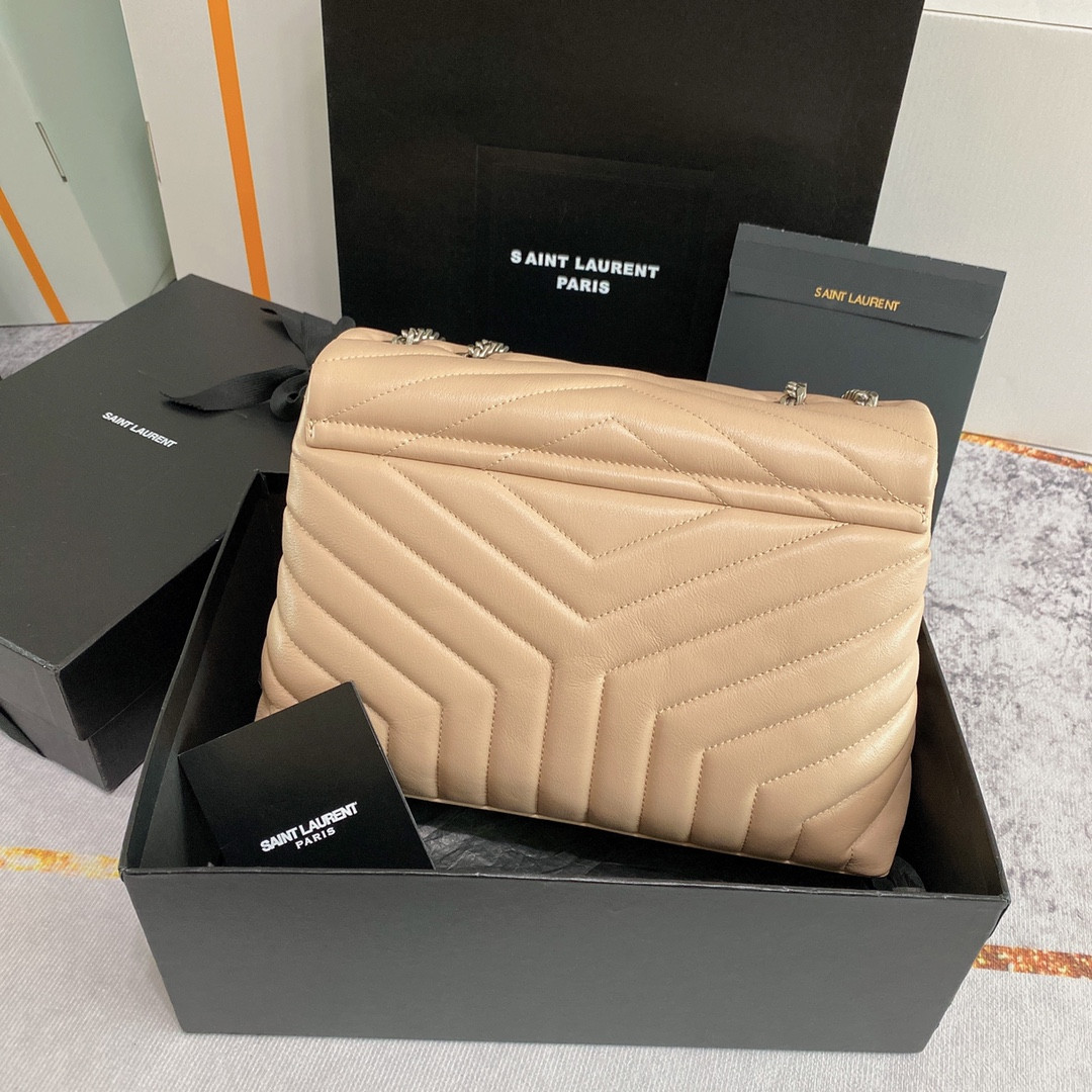 Y*L LOULOU MEDIUM IN QUILTED LEATHER DARK BEIGE SILVER 12.5 X 8.6 X 3.5 INCHES