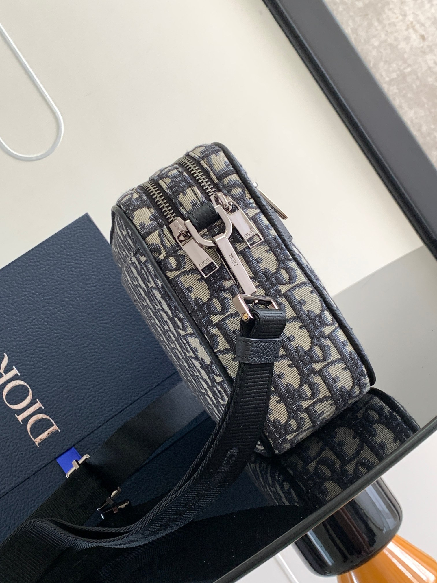 D*0r Maxi Safari Bag with Strap Beige and Black D*0r Oblique Jacquard