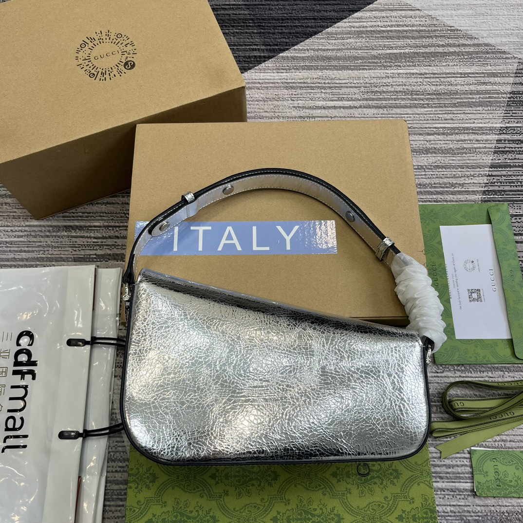 G*u*i HORSEBIT 1955 SMALL SHOULDER BAG Metallic silver 10.4"W x 6.7-4.1"H x 3.1-1.6"D
